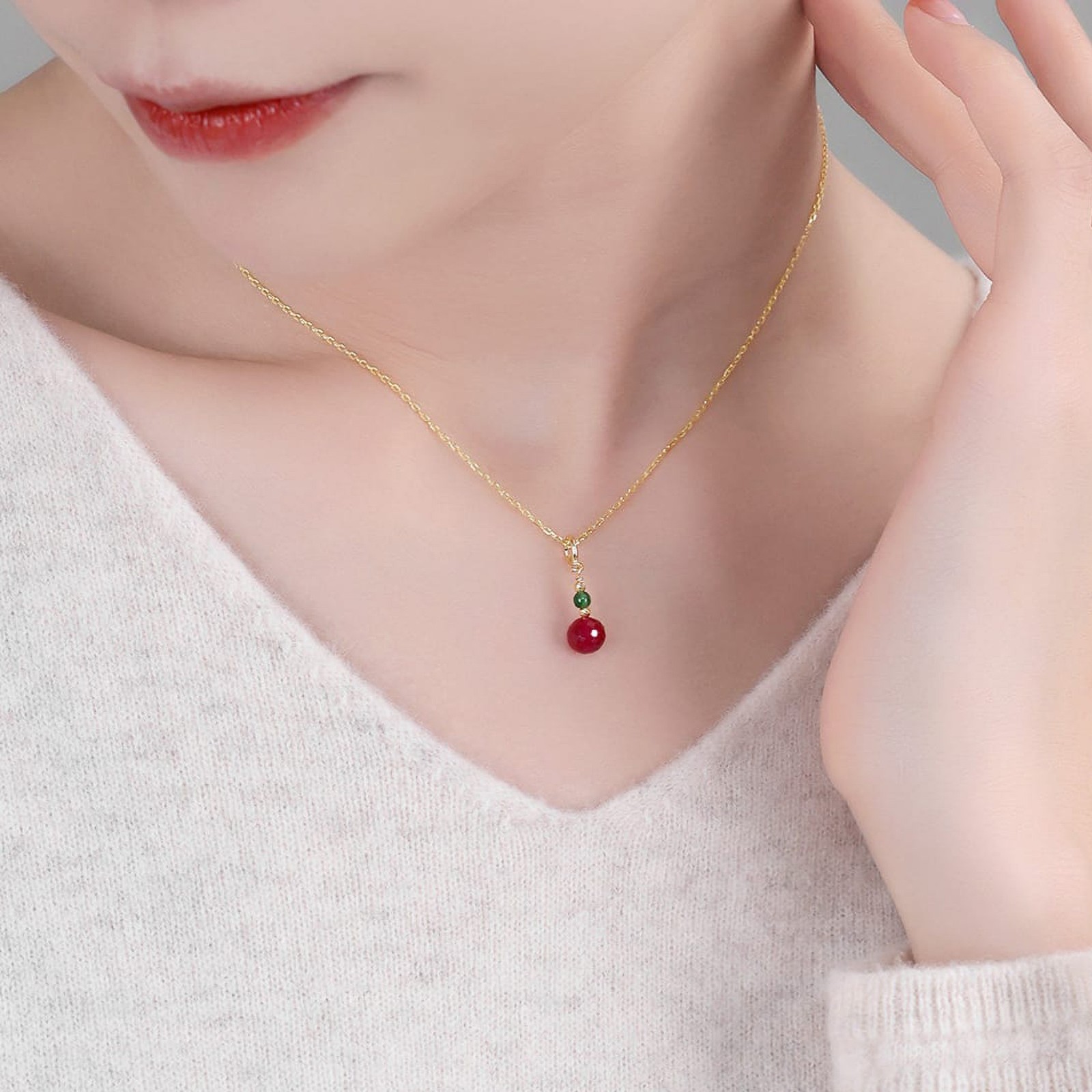 18K Gold Ruby Jadeite Pendant, Red & Green Charm Necklace, Fine Jewelry Gift