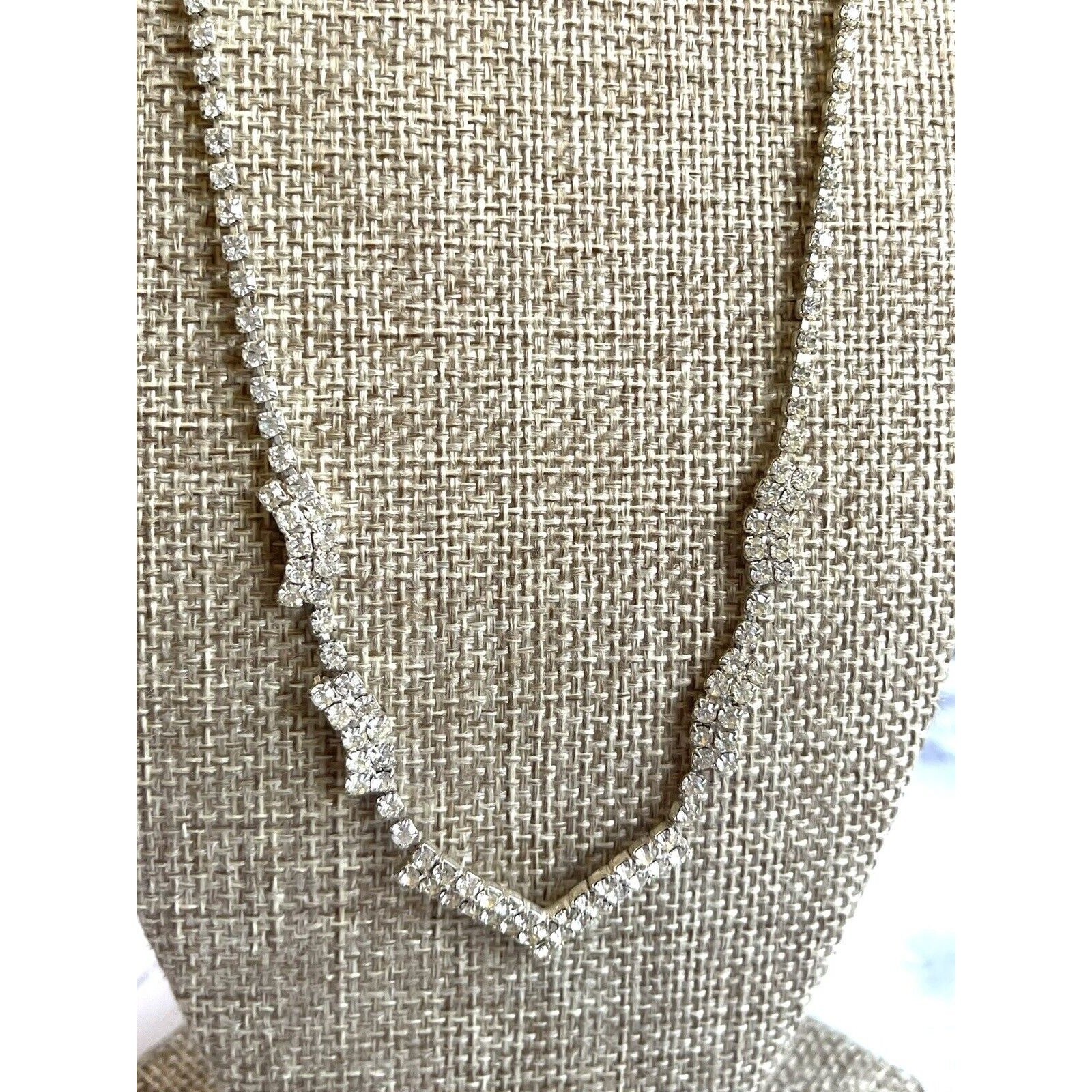 Vintage Chevron Rhinestone Silver Tone Necklace Blingy Choker Fold-Over Clasp