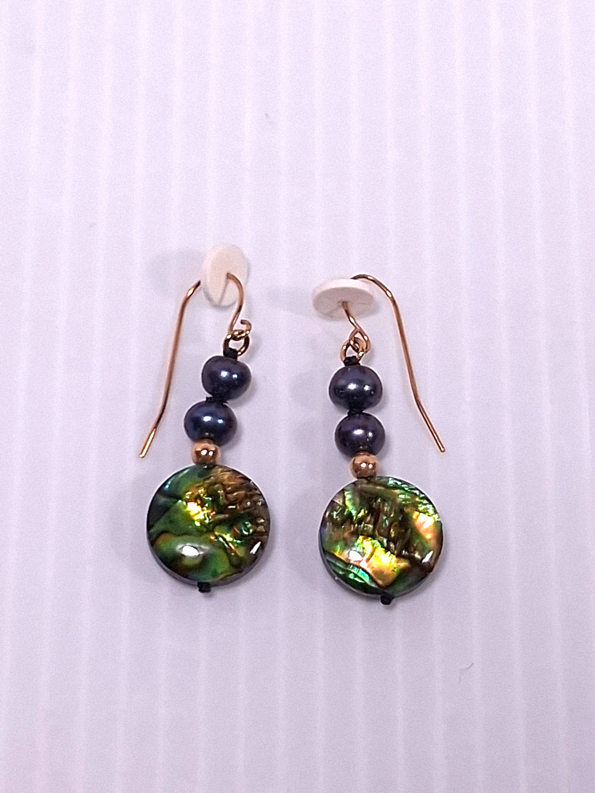 Pair 10k Yellow Gold Paua Shell Freshwater Tahetian Black Pearls Dangle Earrings