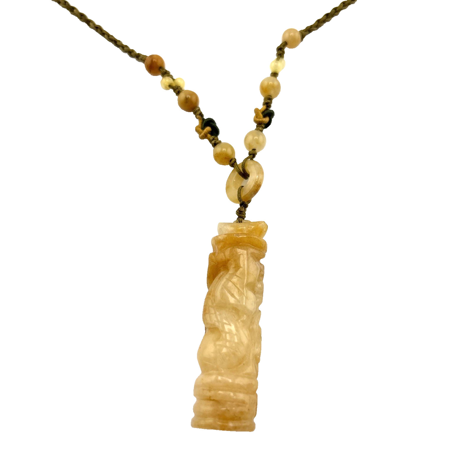 Macrame Genuine Carved Yellow Jadeite Necklace Adjustable Slide Knot 2″ Pendent