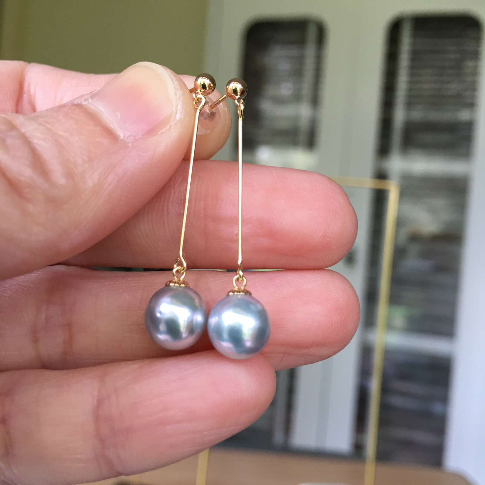 8mm Japan Seawater Akoya Fairy Pearl Earring stud 18K Gold 9.8cts 37.5mm #132