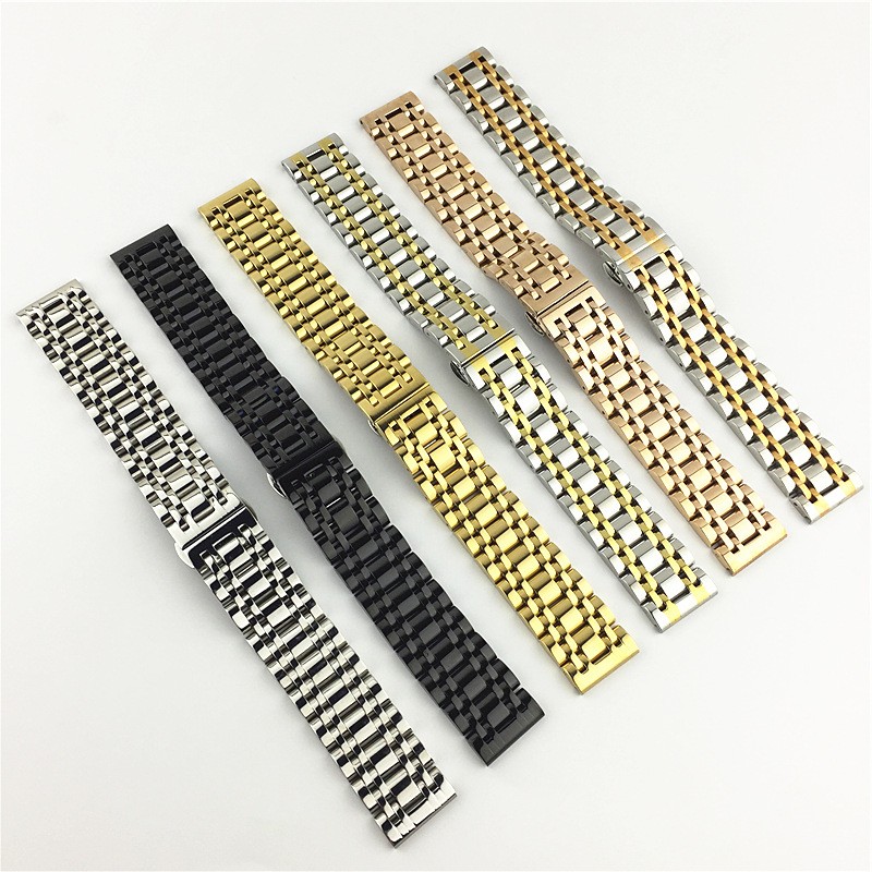 High End 7 Bead Stainless Steel Solid Watch Band Strap 14mm-26mm Butterfly Clasp