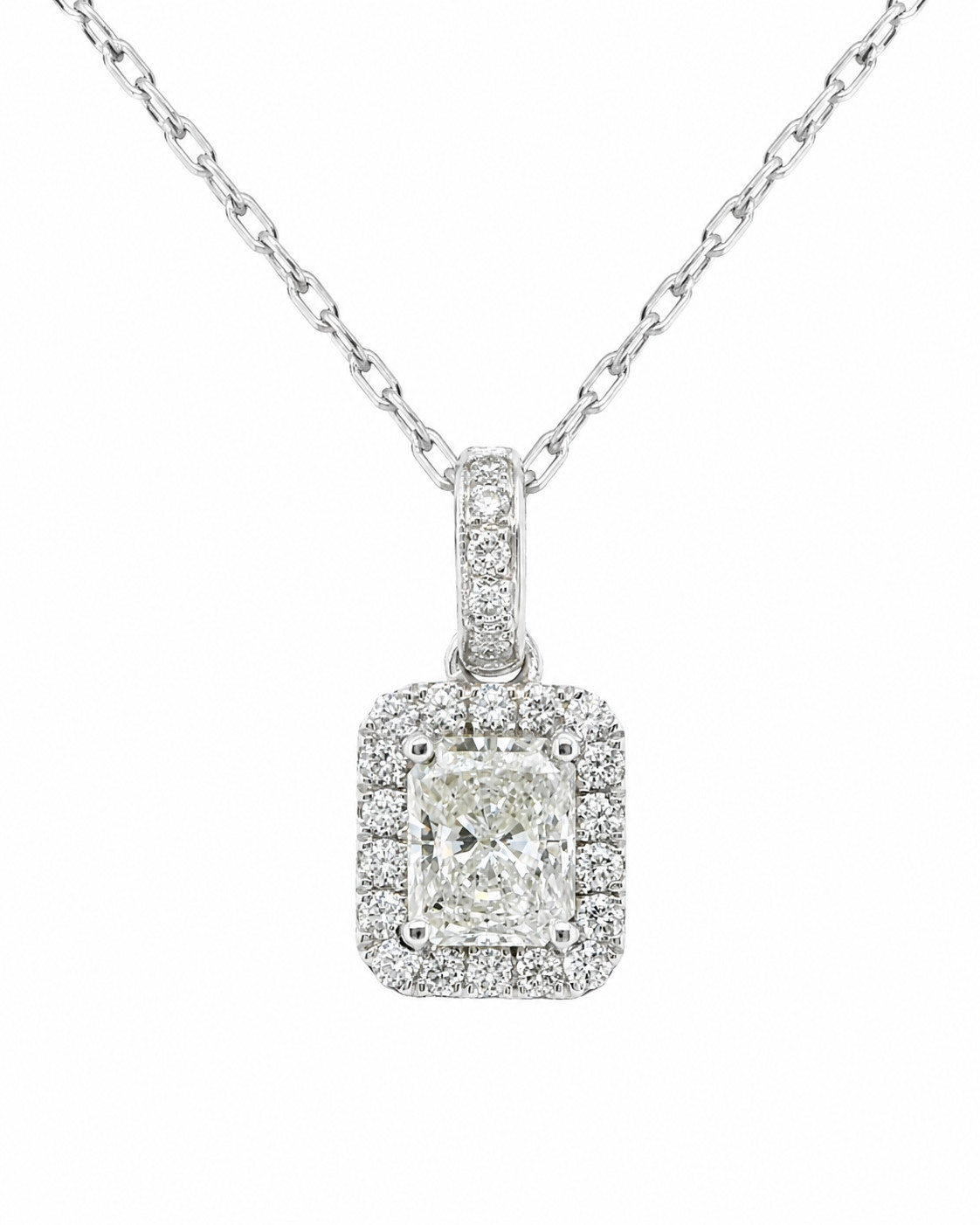 1.40ct Natural Radiant Diamond Halo Pendant Art Deco Necklace 18K White Gold