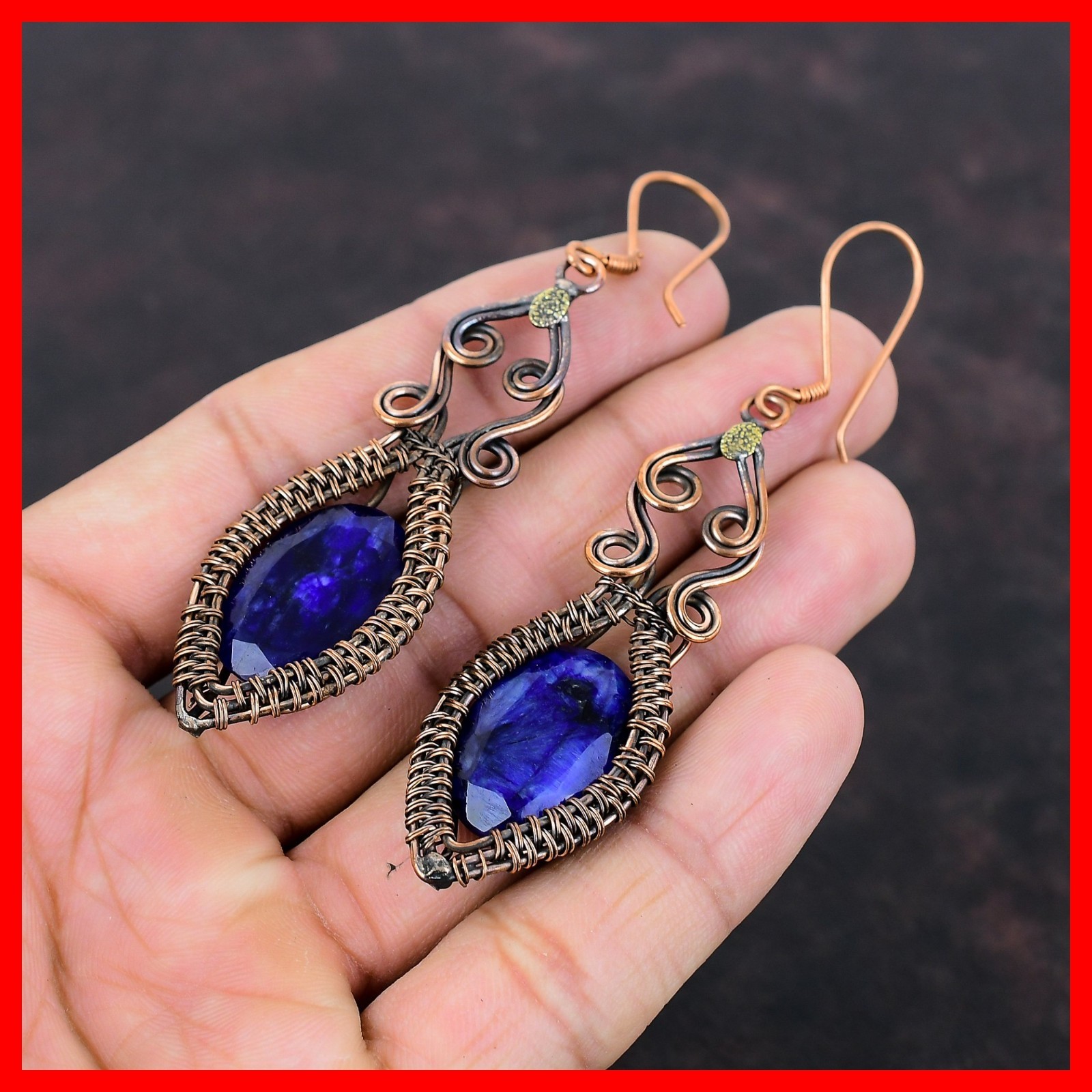 Copper Natural Blue Saphire Handcrafted Dangle New Wire Wrapped Earrings Jewelry