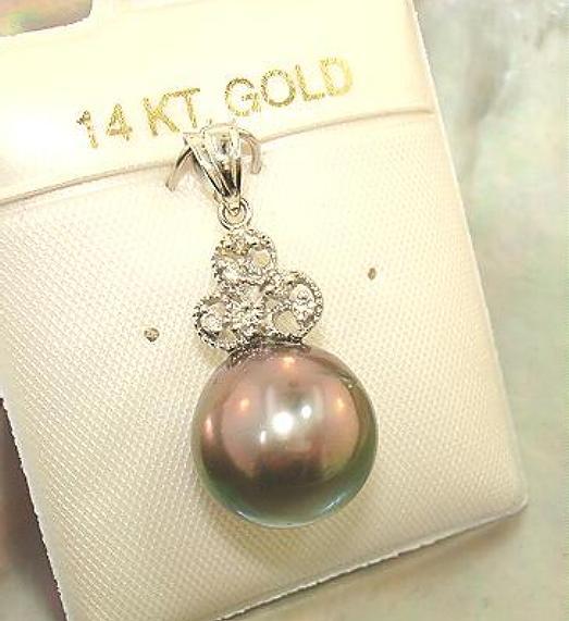 14k White Gold 12.2mm 13.04Cts Black Tahitian Pearl 0.06Cts Diamond Pendant #1