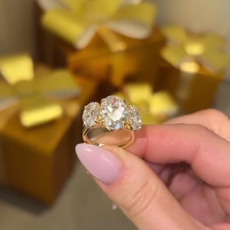 Oval Moissanite Three Stone 14K Gold Trilogy Engagement Ring Gift For Her