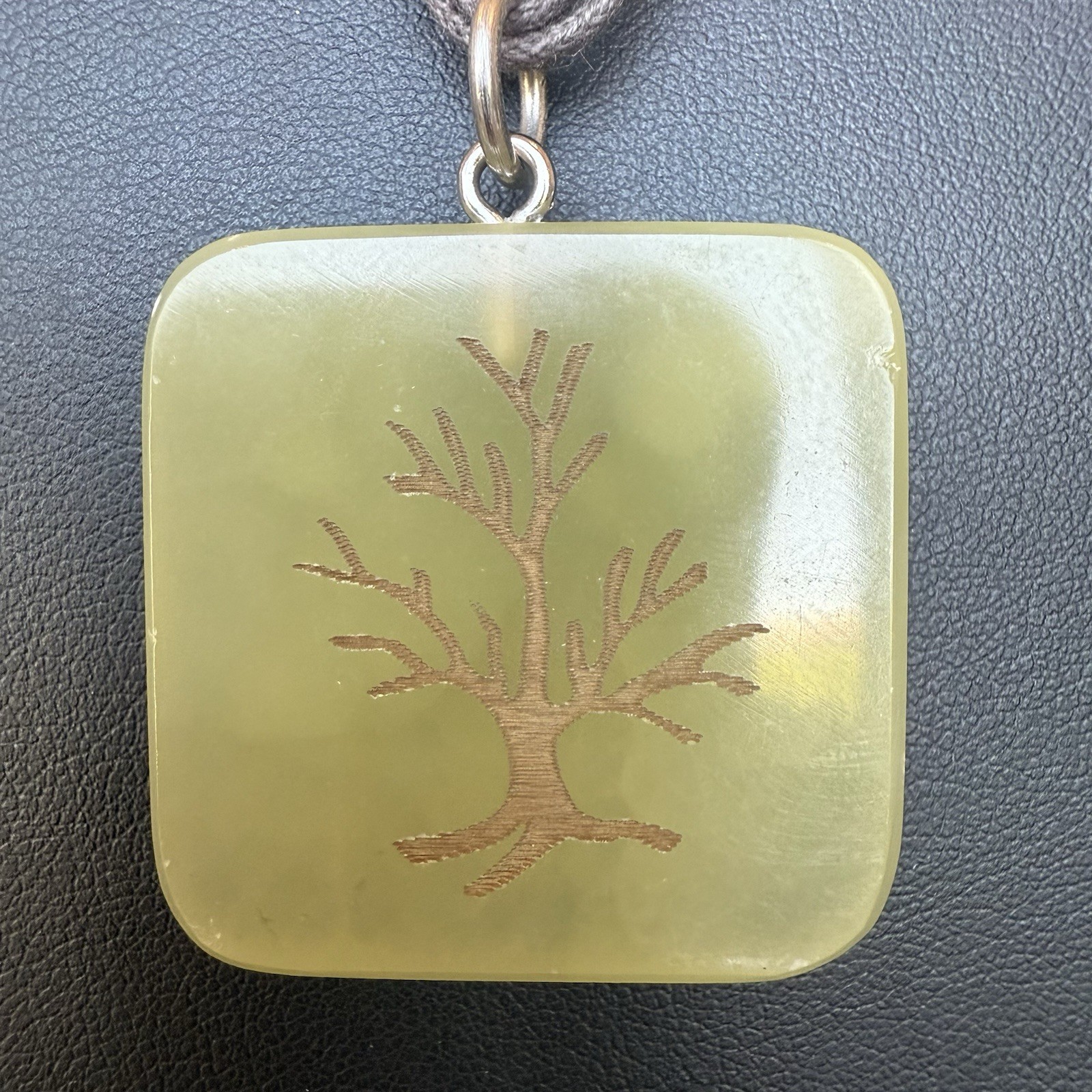 Unique Carved Tree In Green Stone Square Pendant Necklace Brown Adjustable Cord