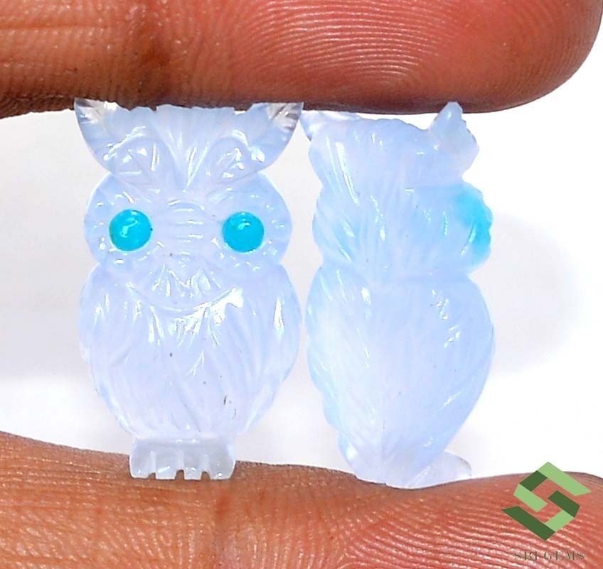 24×14 mm Natural Chalcedony Owl Shape Handmade Carving Pair 27.75 CTS Gemstones