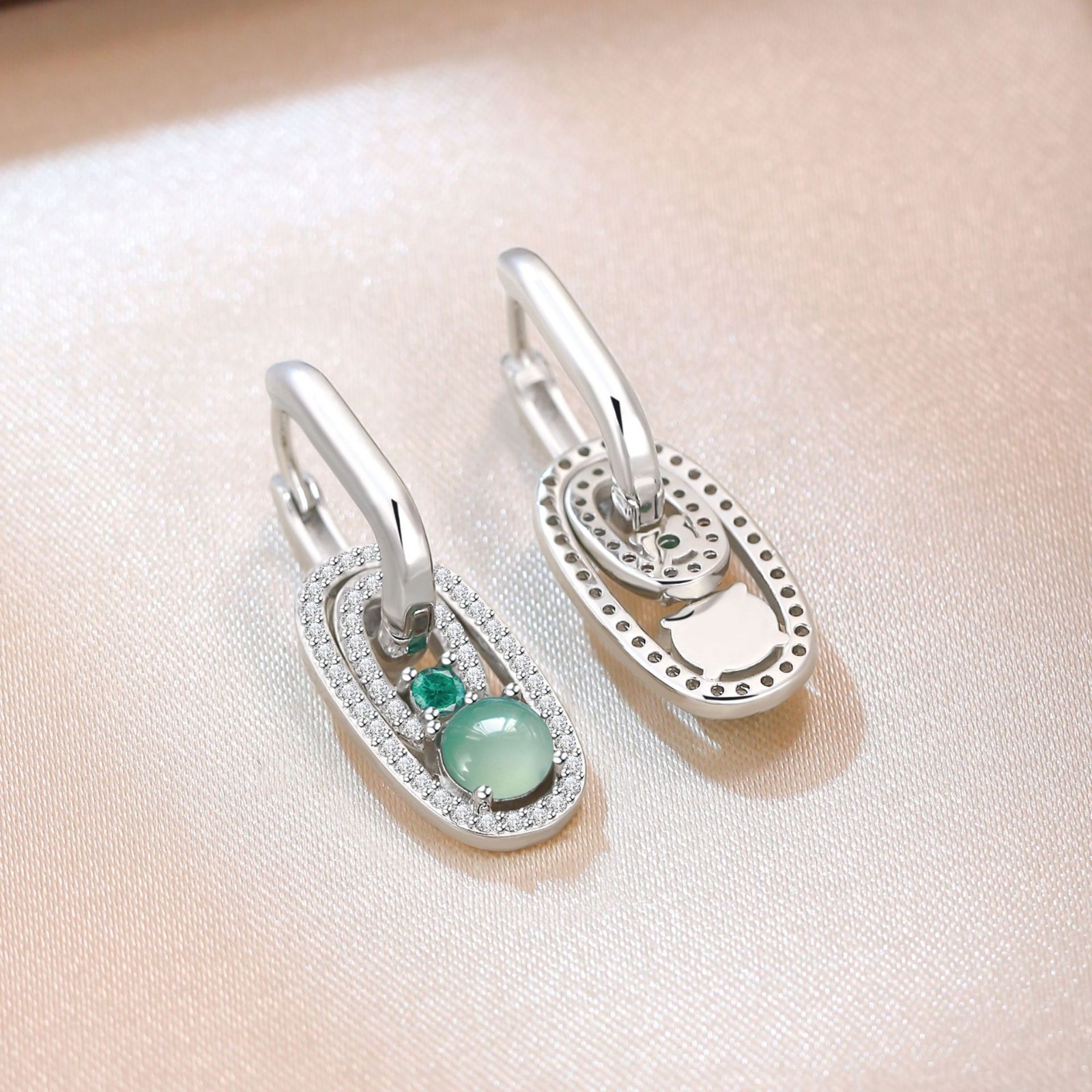 Natural Jadeite Jade Crystal Drop Dangle Earrings Gemstone 18K White Gold Plated