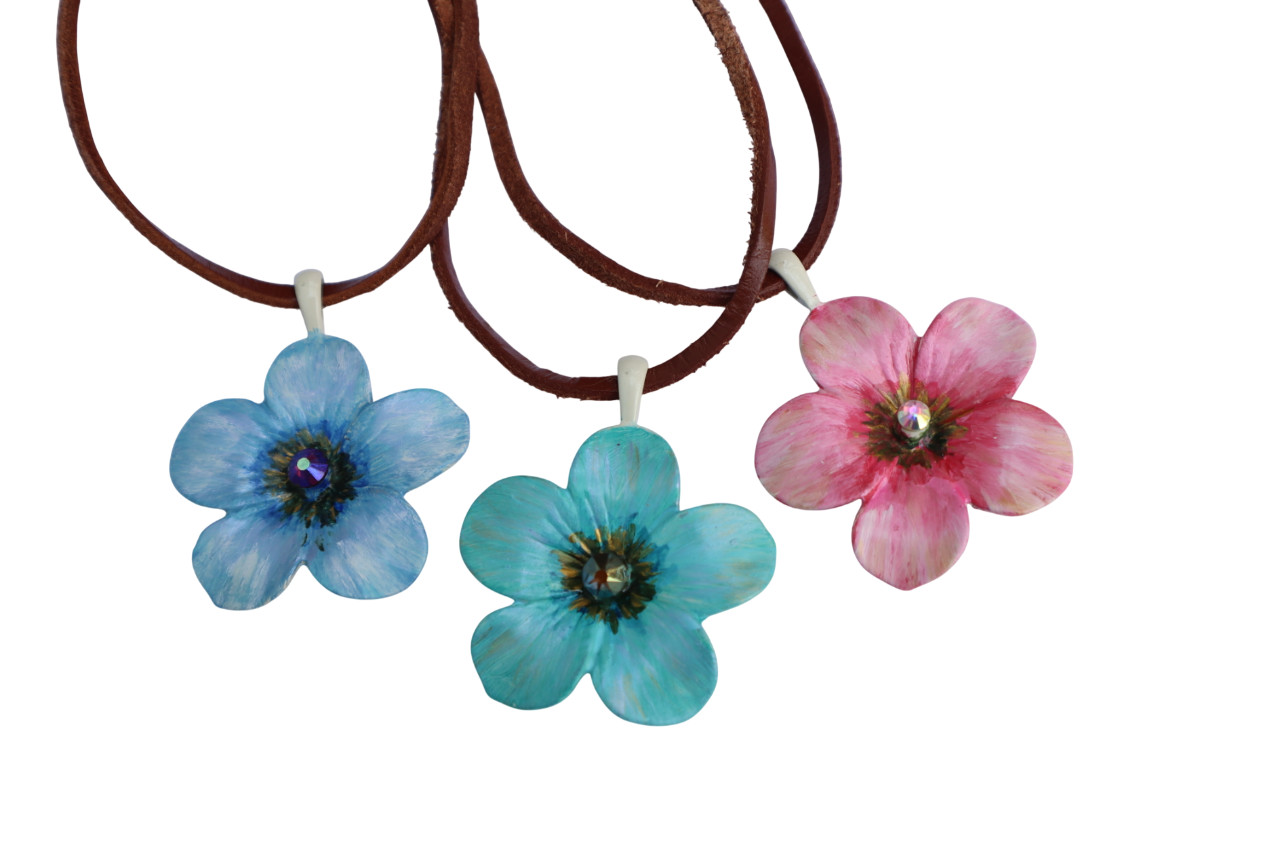 Handmade Large Flower Pendant Leather Necklace Painted Floral Bohemian Jewelry
