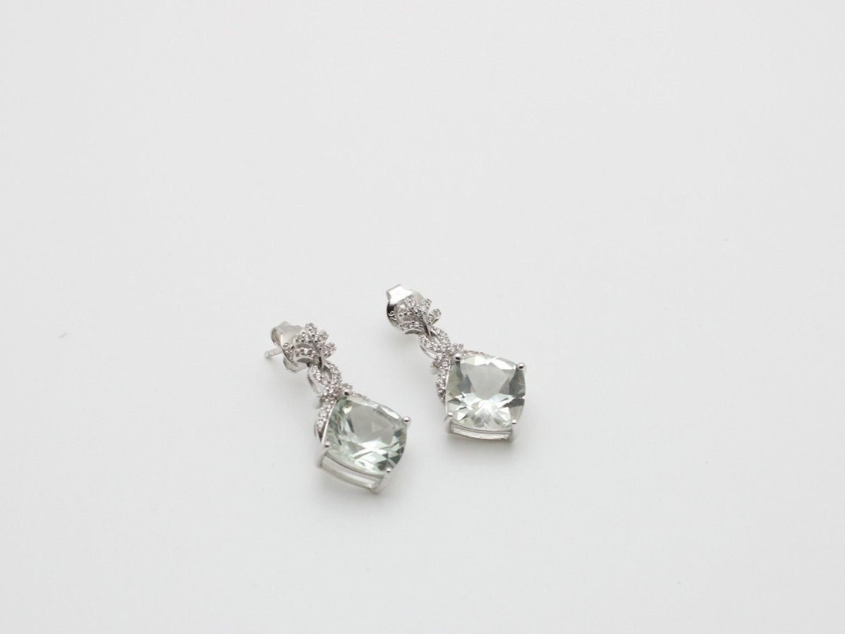 925 Sterling Silver Green Apatite Cushion Burst Clear Stone Fancy Earrings