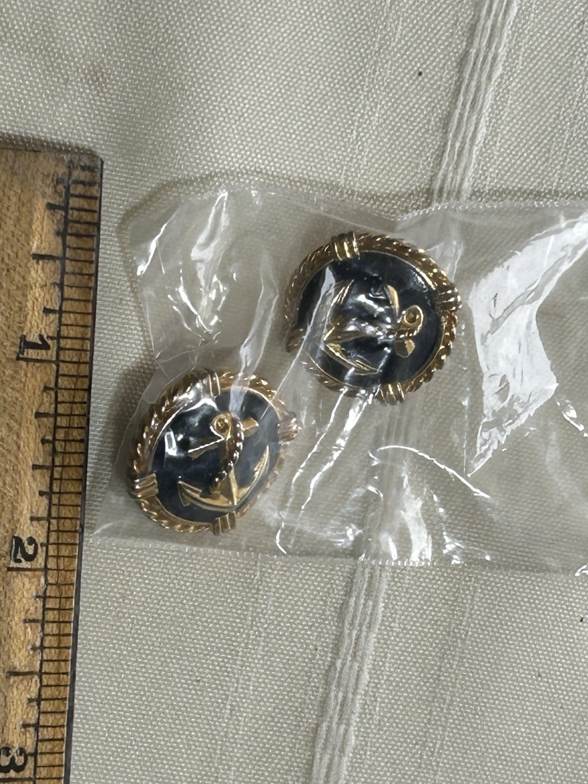 Nautical Anchor Round Stud Earrings Blue & Gold Tone Metal Butterfly 19mm