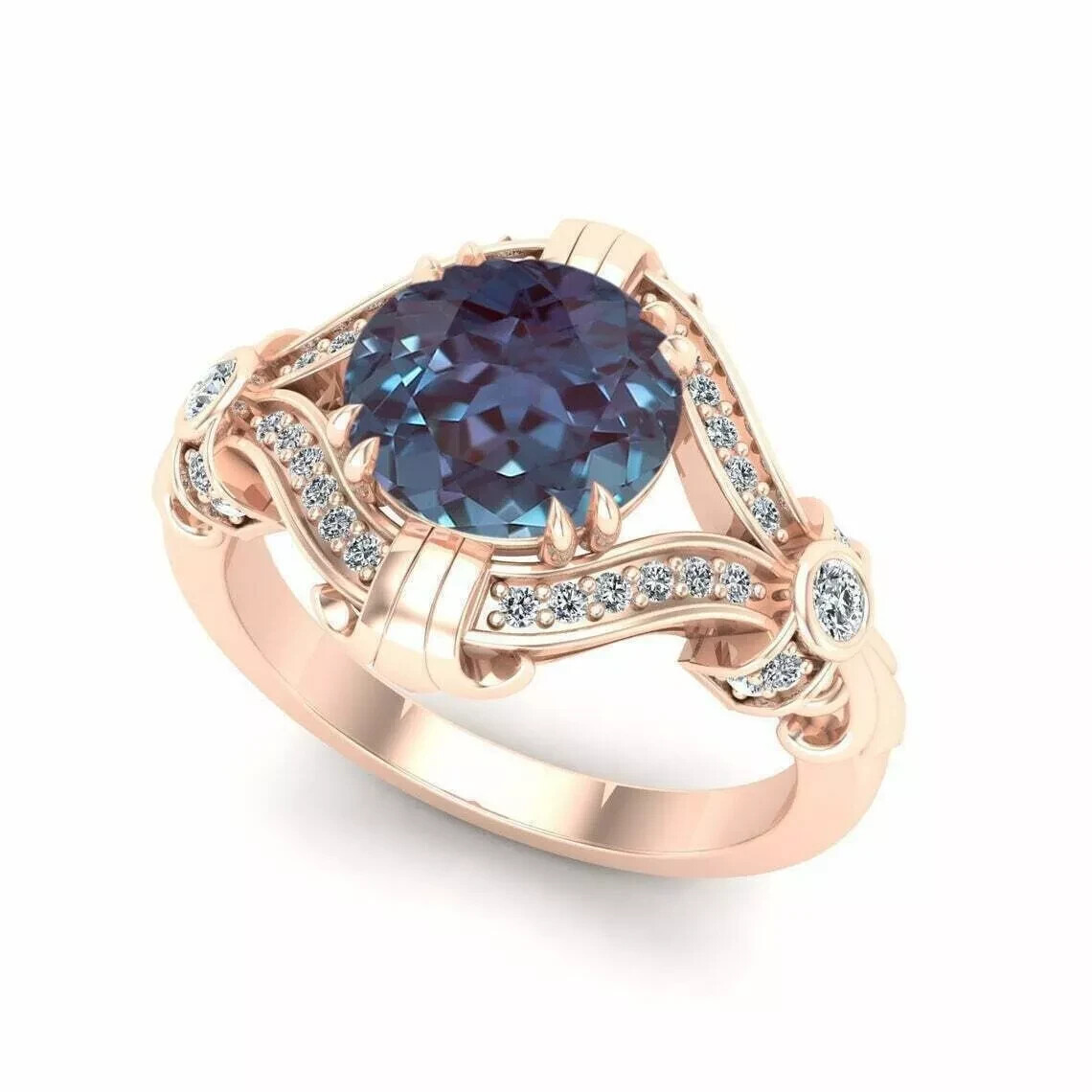 3Ct Art Deco Style Alexandrite Lab-Created Diamond Wedding 14K Rose Gold FN Ring