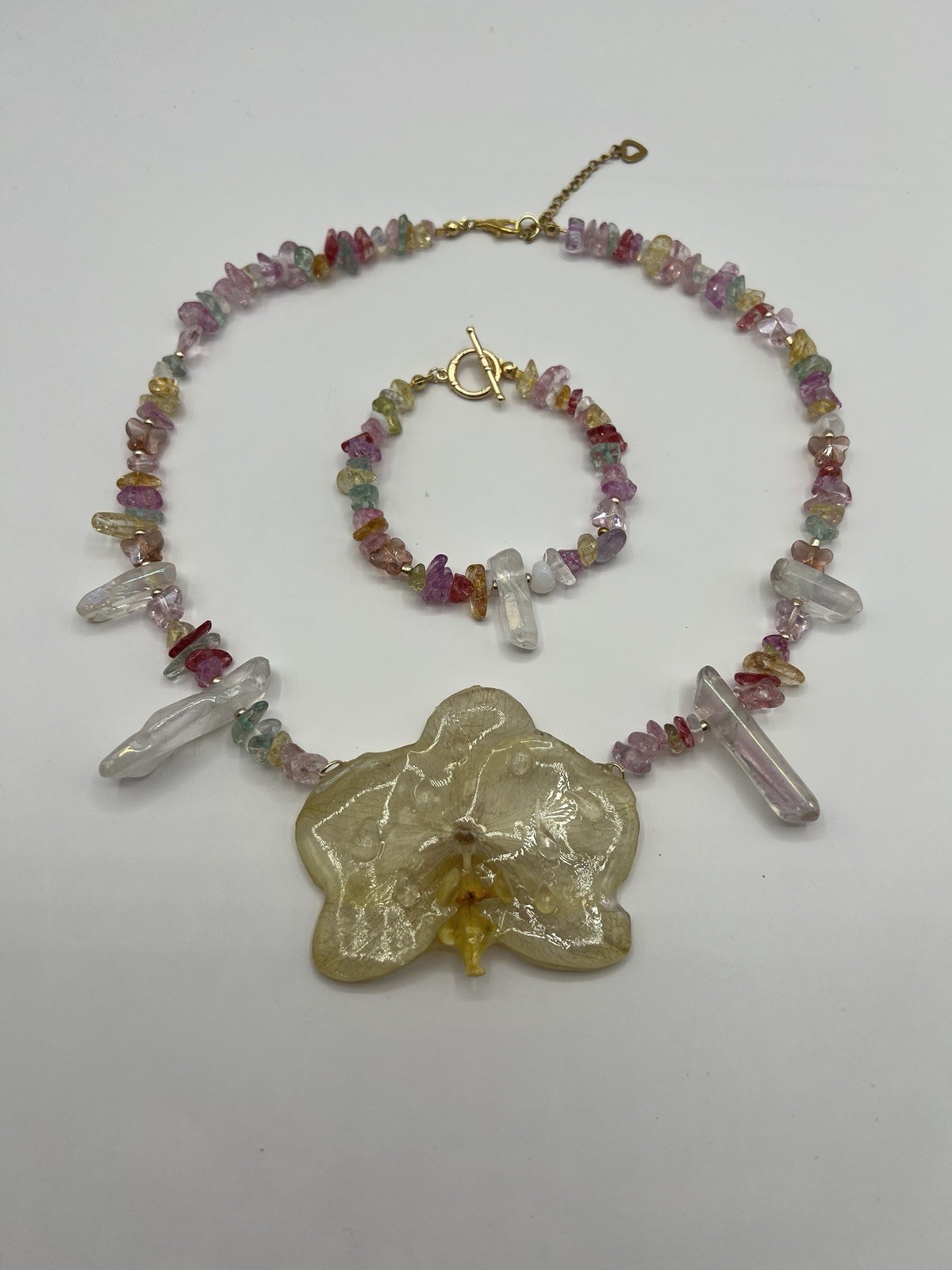Jewelry Set Necklace & Bracelet Multicolor Beaded Yellow Real Orchid Pendant
