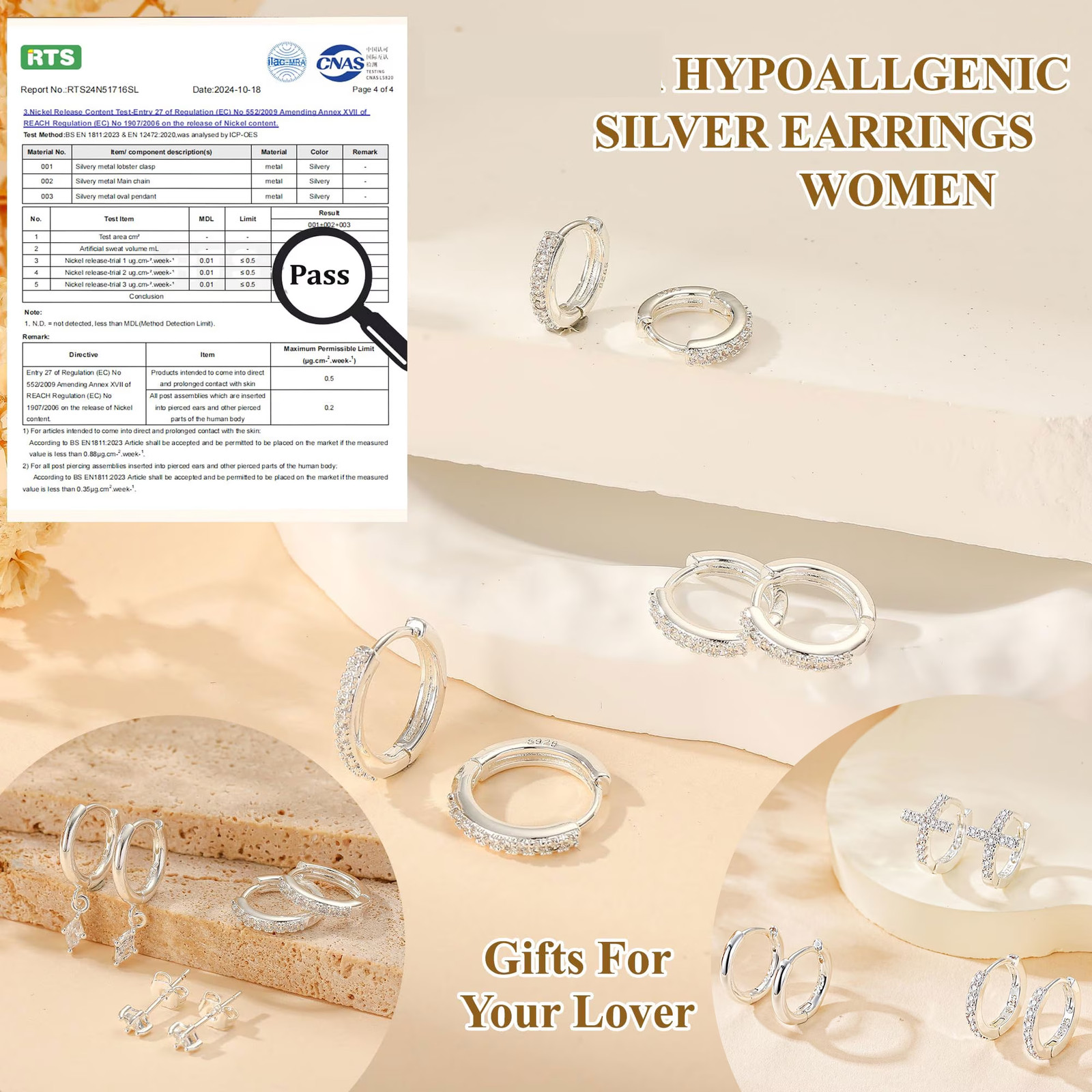 3 Pairs 925 Sterling Silver Hoop Huggie Earrings CZ Hypoallergenic Women Select