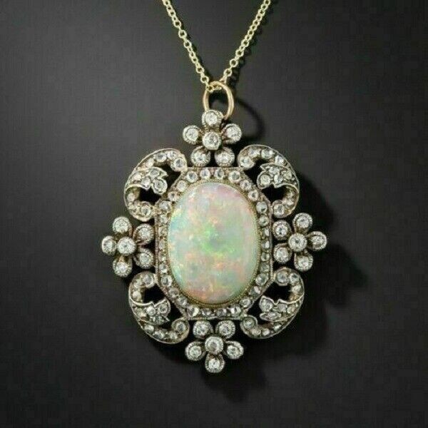 3Ct Oval Fire Opal Vintage Pendant Necklace 14K Two Tone Gold Finish Free Chain
