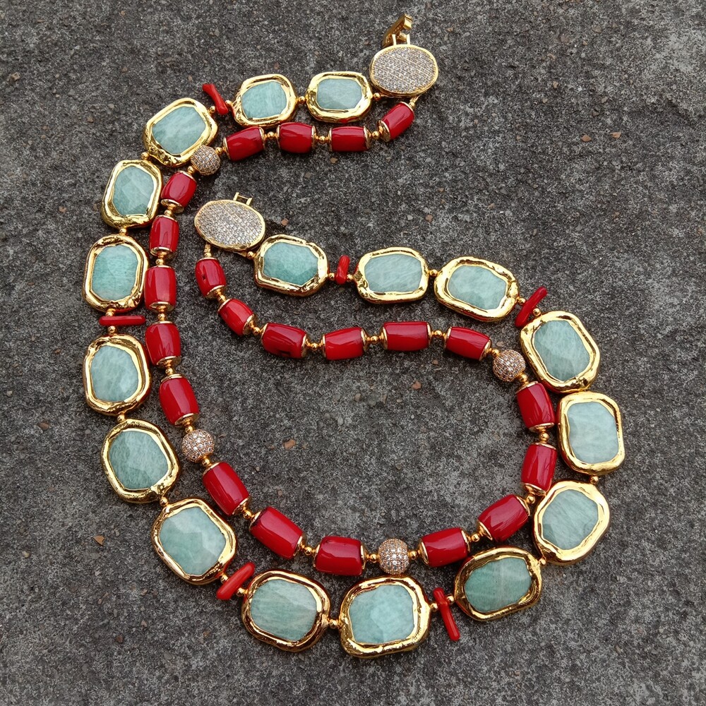 21″ 2 Strands Red Coral Green Amazonite Necklace Cubic Zirconia Pave Clasp