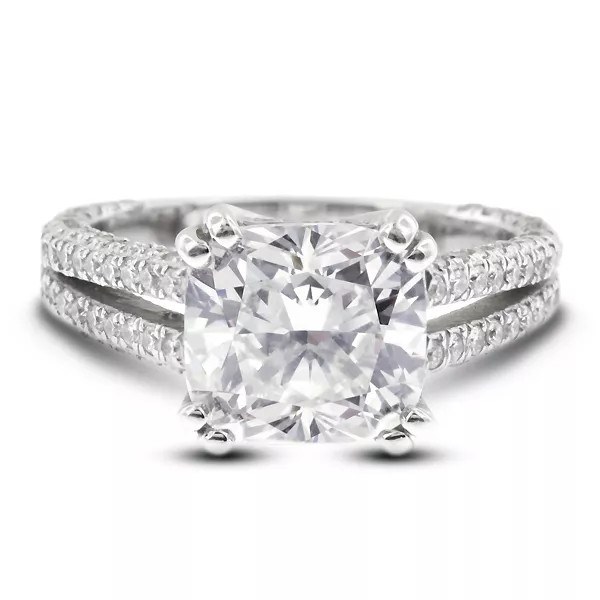 Side Stone Engagement Ring 14K Gold 2.53 Carat Cushion Lab-Grown Diamond H VS2