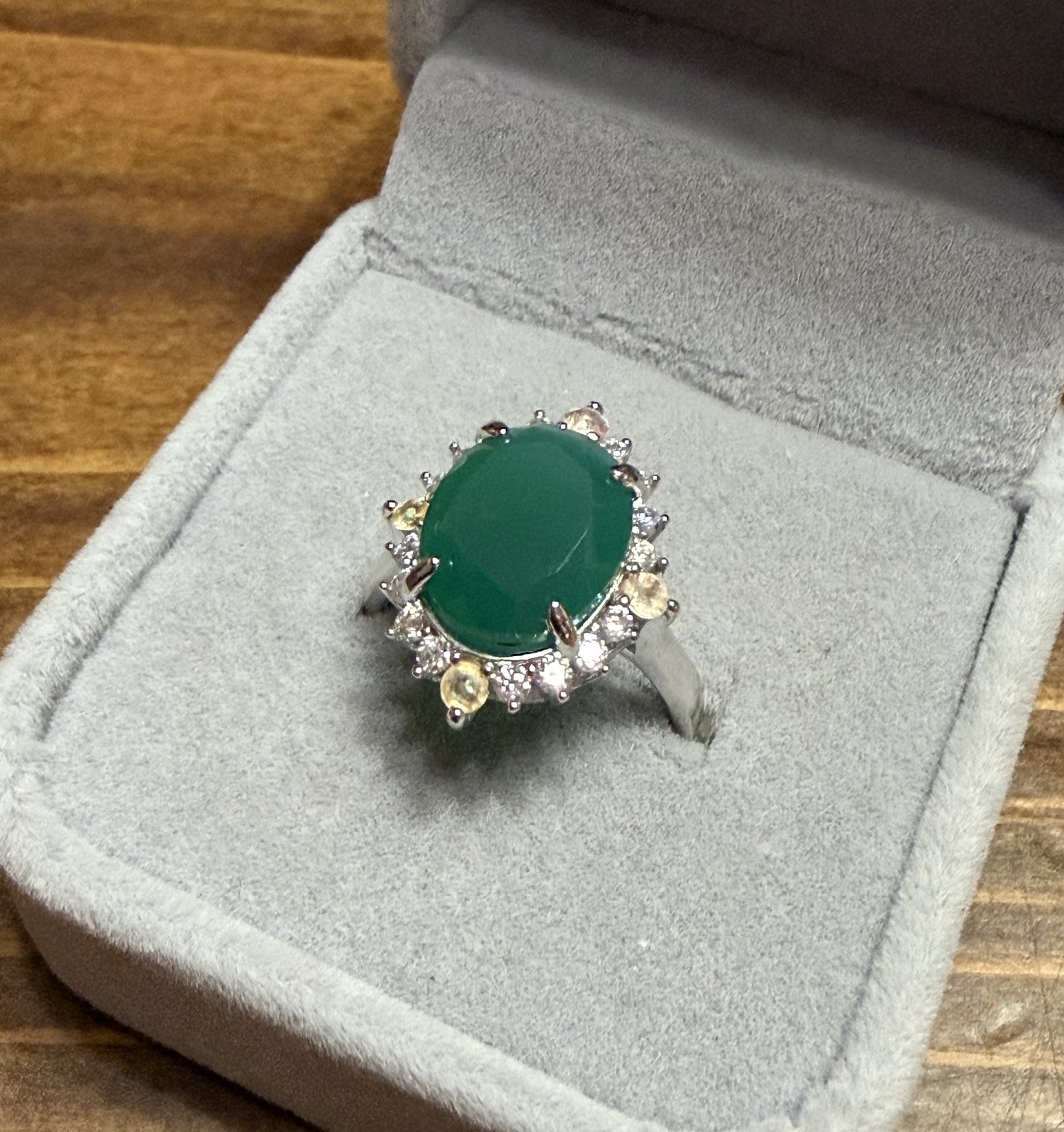 Stunning Natural Green Agate 4CT Sapphire & Zircon 925 Sterling Silver Ring Sz 6