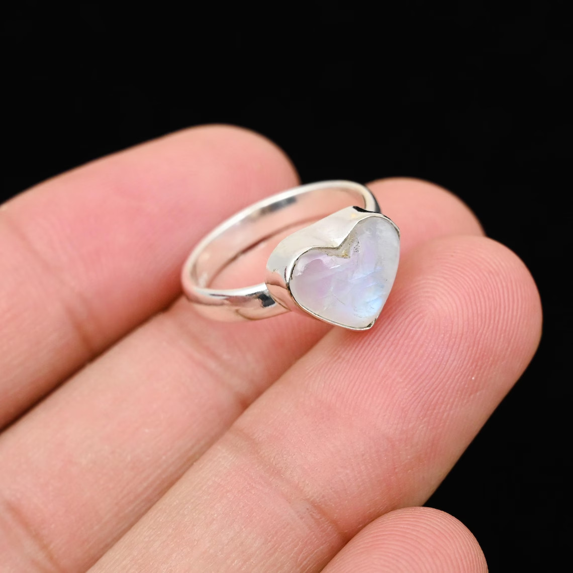 Rainbow Moonstone Heart Ring 925 Sterling Silver Handmade Statement Boho GiftHer