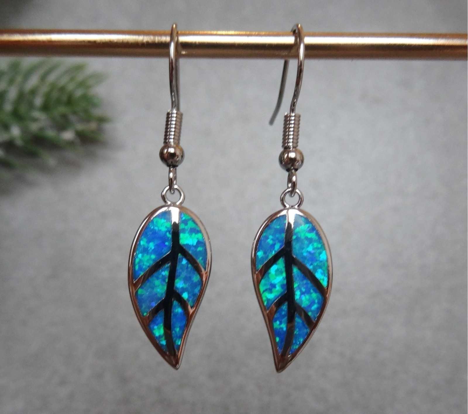 Opal Leaf Earrings Blue Fire Opal Earrings with Leaf Opal Pendant Stainless Steel