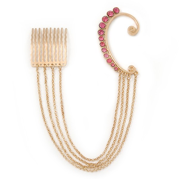 1 Pc Pink Crystal Ear Cuff With Comb In Gold Plating – Only For The Right Ear