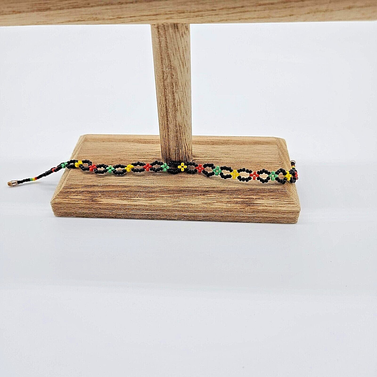 Black, Yellow, Red & Green Seed Bead Woven Anklet