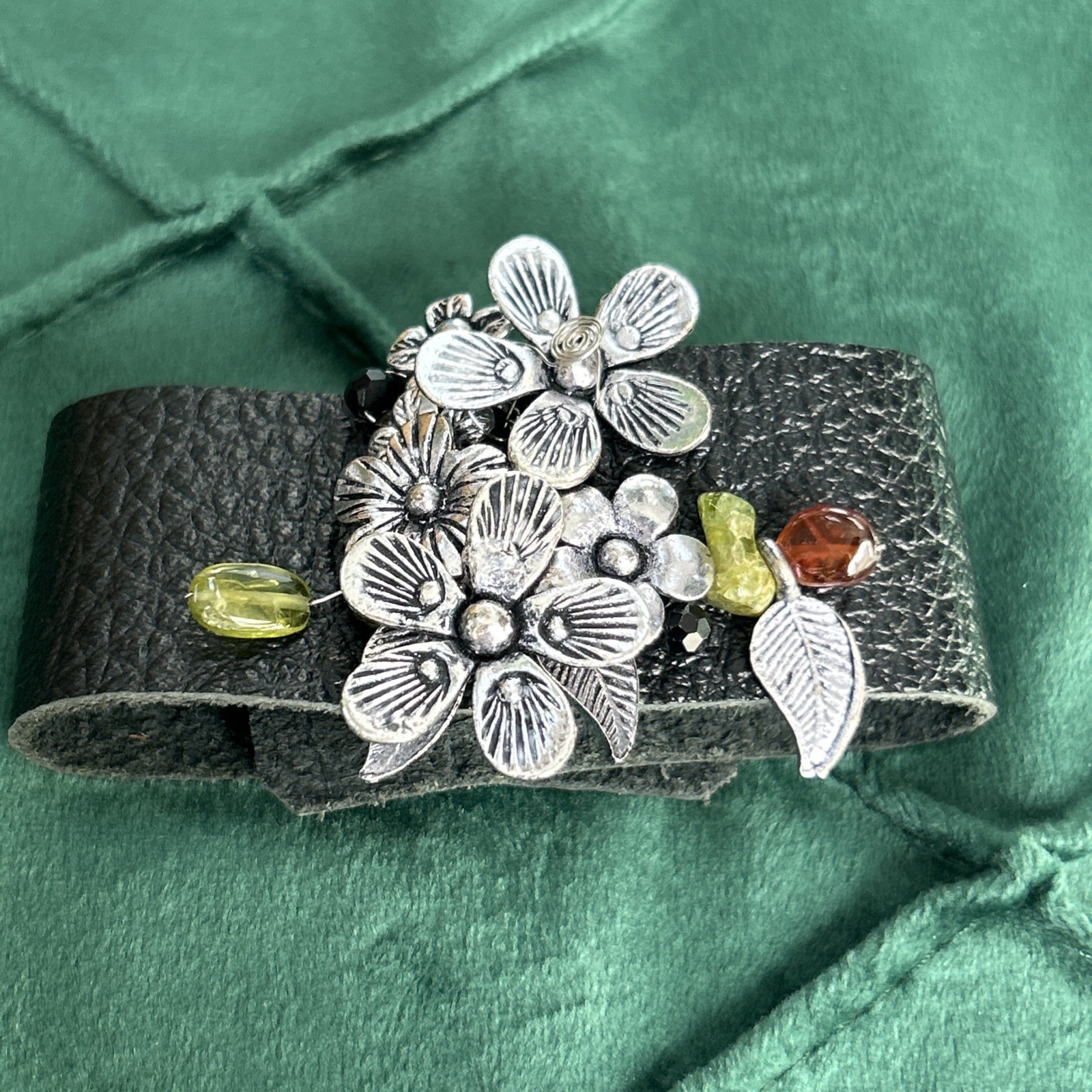 Artisan bead and stone Black leather cuff bracelet With Snap New