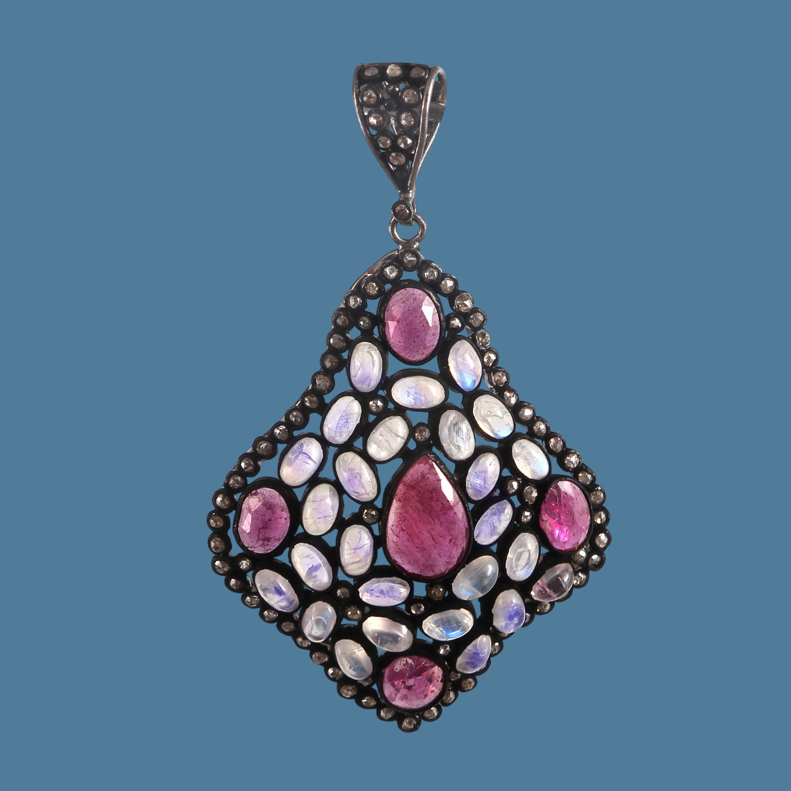 Natural Ruby Diamond Rainbow Moonstone Pendant 925 Sterling Silver Handmade