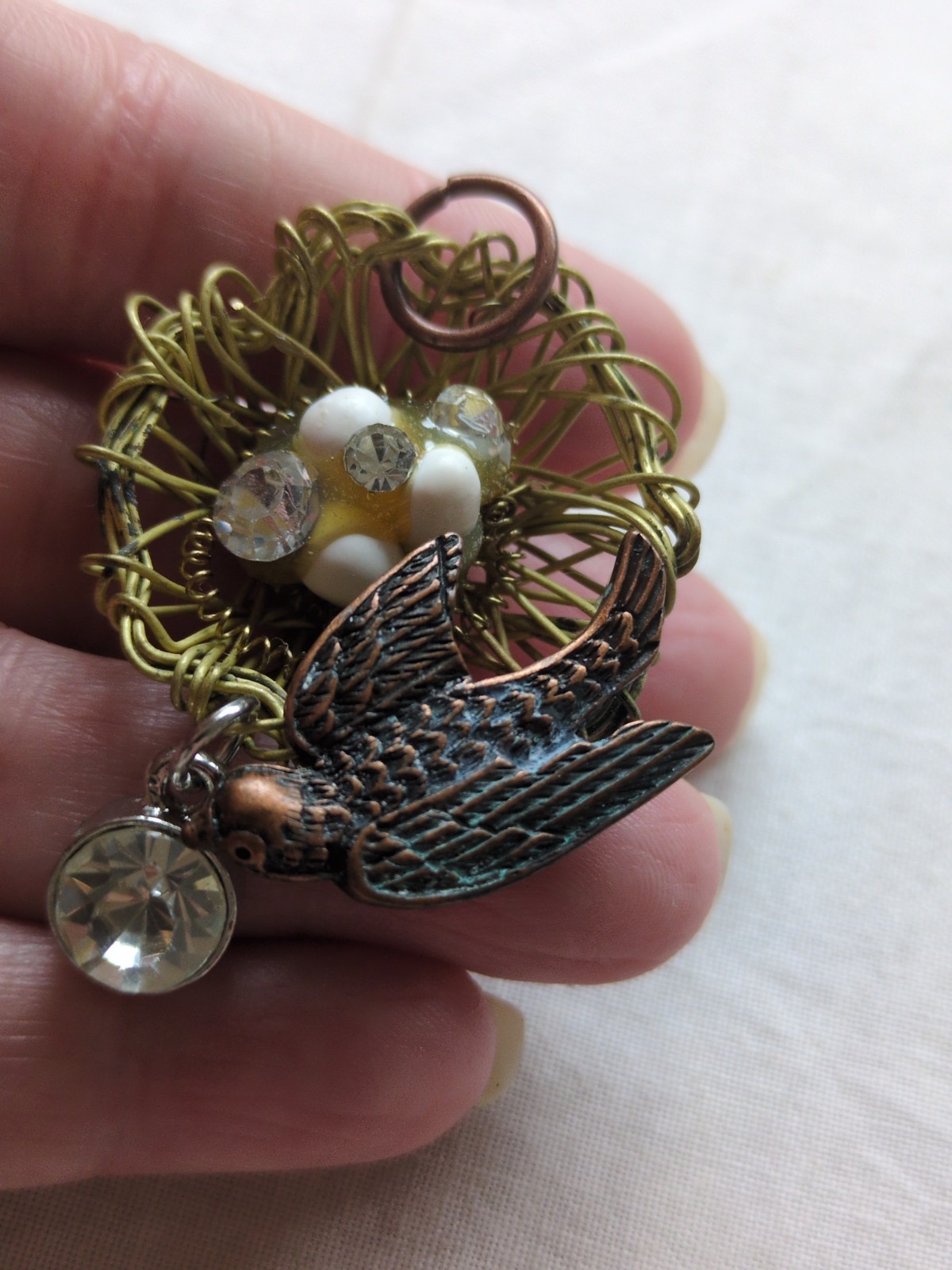 VTG Wirework Bird Nest W/Copper Bird, Eggs And Rhinestones Accents Pendant, 2″