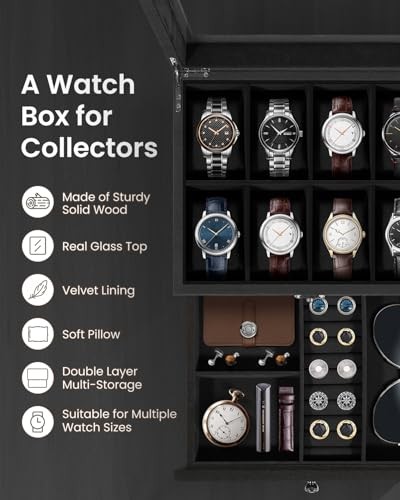 8-Slot Watch Box, 2-Layers Solid Wood Watch Display Case 2-layer 8 Slots Black