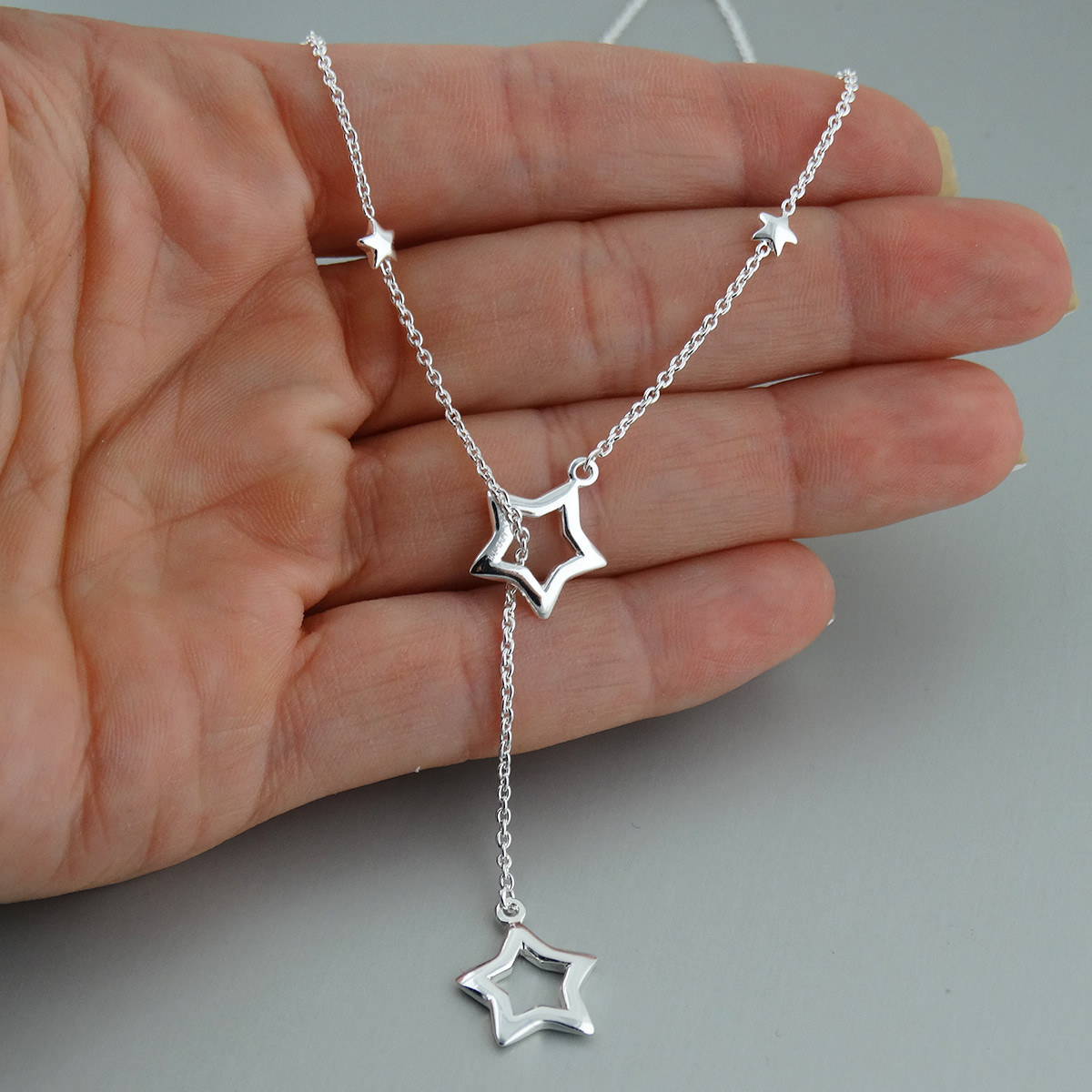Stars Lariat Necklace – 925 Sterling Silver Star Outline Tiny Stars Polished New