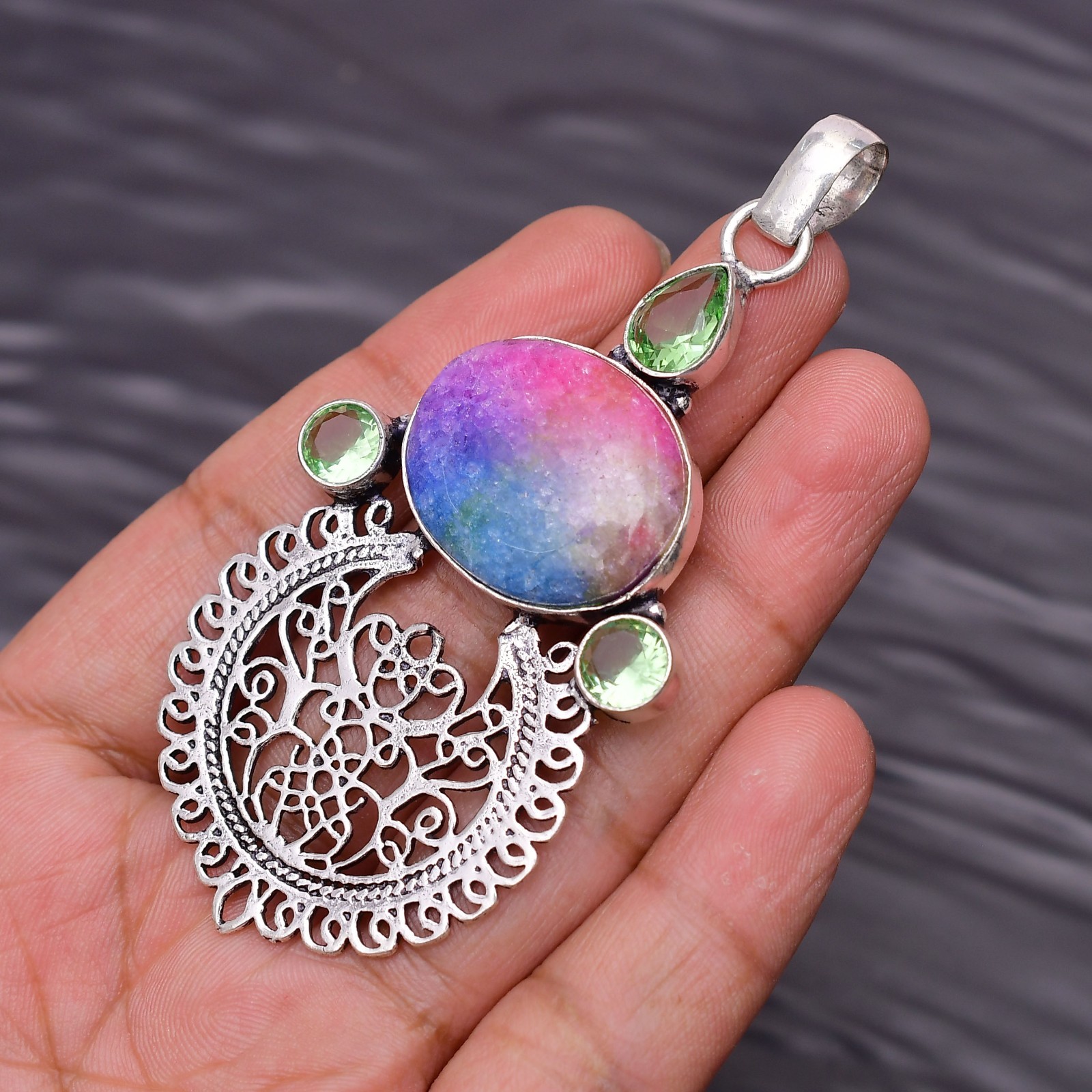 Solar Quartz Gemstone 925 Sterling Silver Jewelry Pendant 3.22″