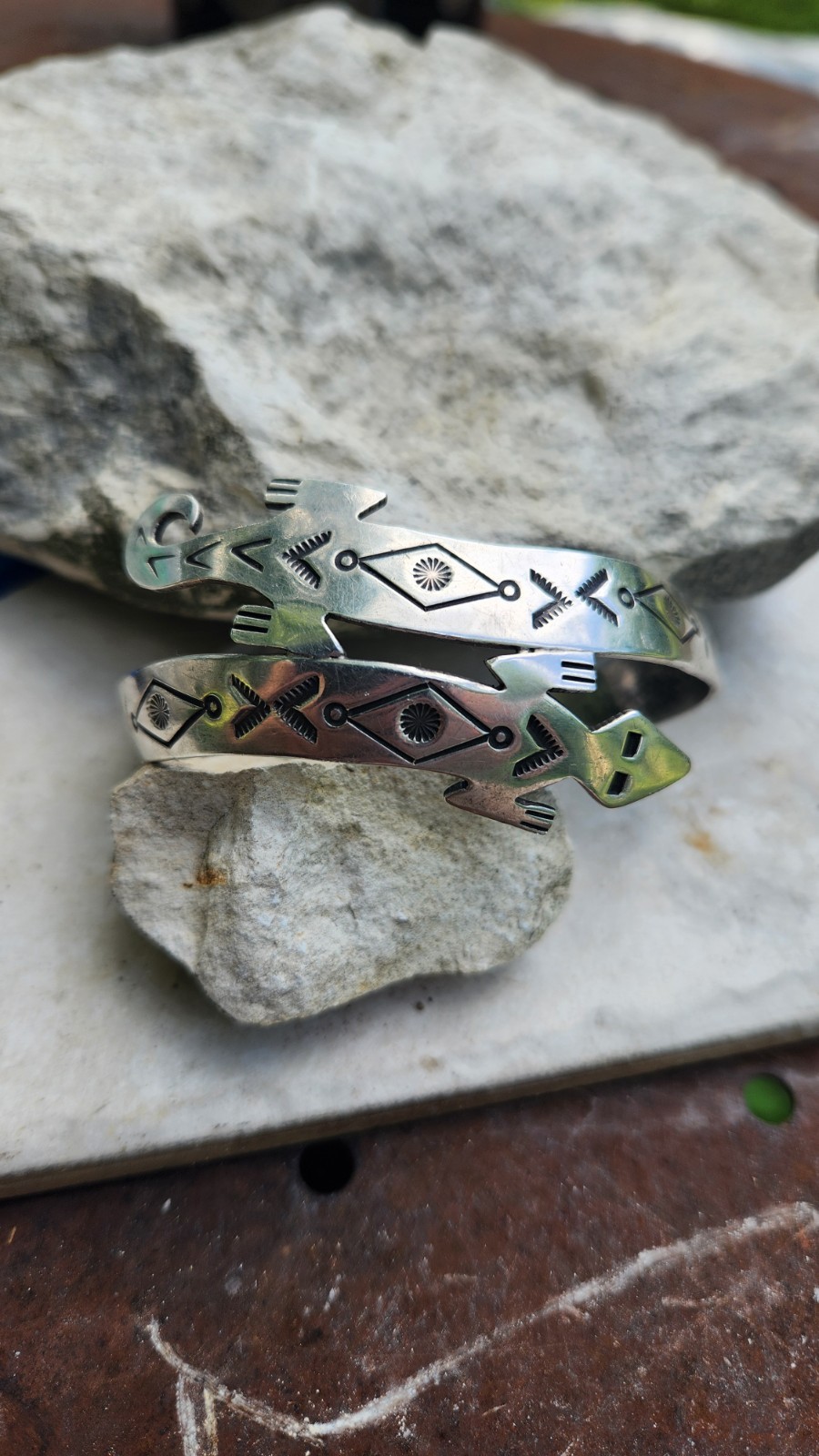 Vintage Navajo Gecko Lizard Wrap Cuff Bracelet Hand Stamped Sterling