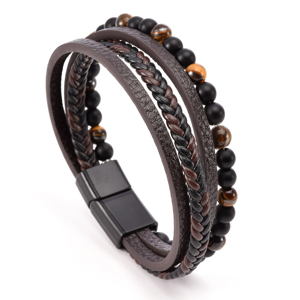 Men’s Layered Braided Leather Beaded Bracelet With Tiger Eye Natural Stone US