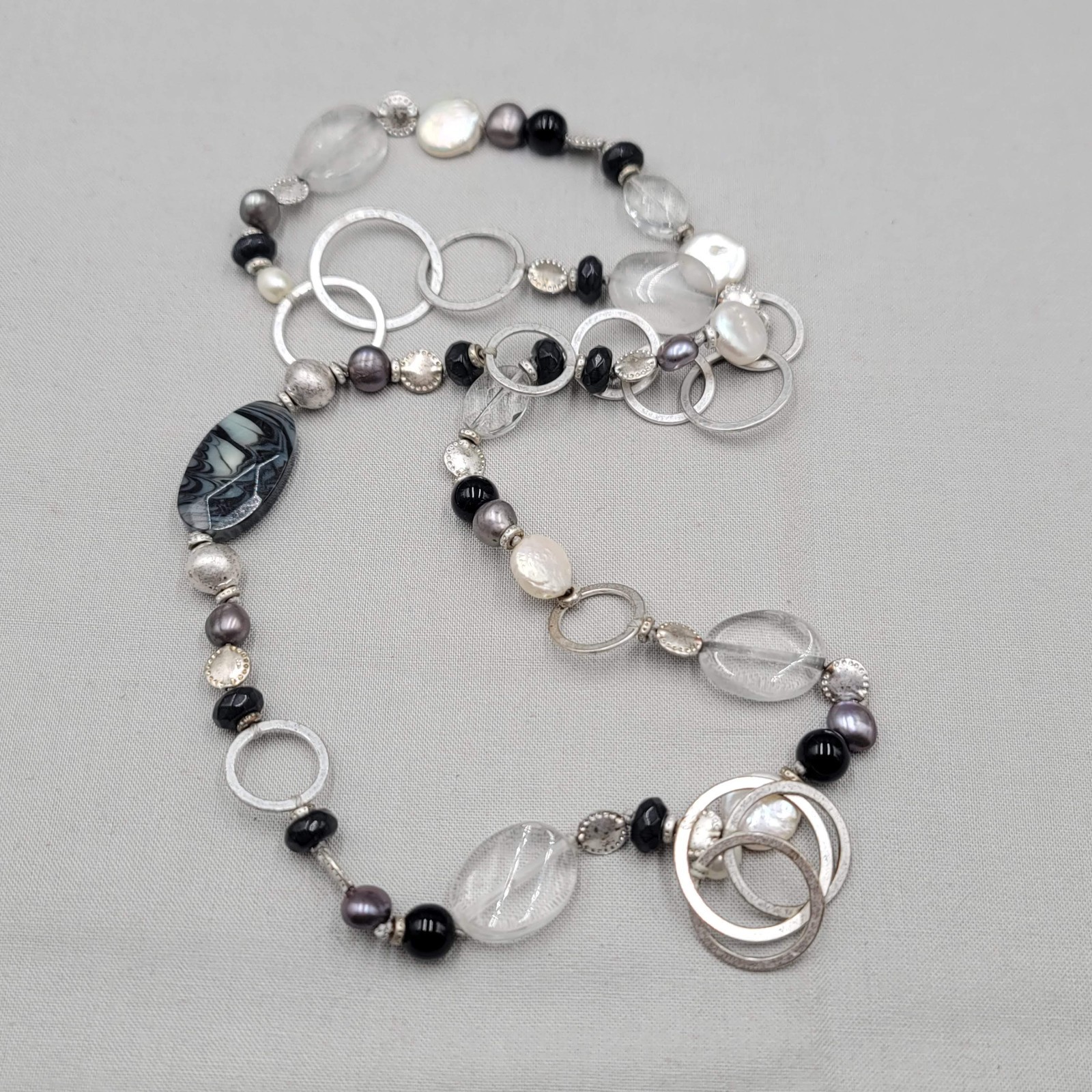 Black Gray White Beaded Necklace Silver tone Links Long 30 in