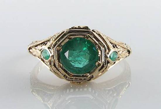 LARGE 9K 9CT GOLD COLOMBIAN EMERALD ART DECO INS FILIGREE RING FREE RESIZE