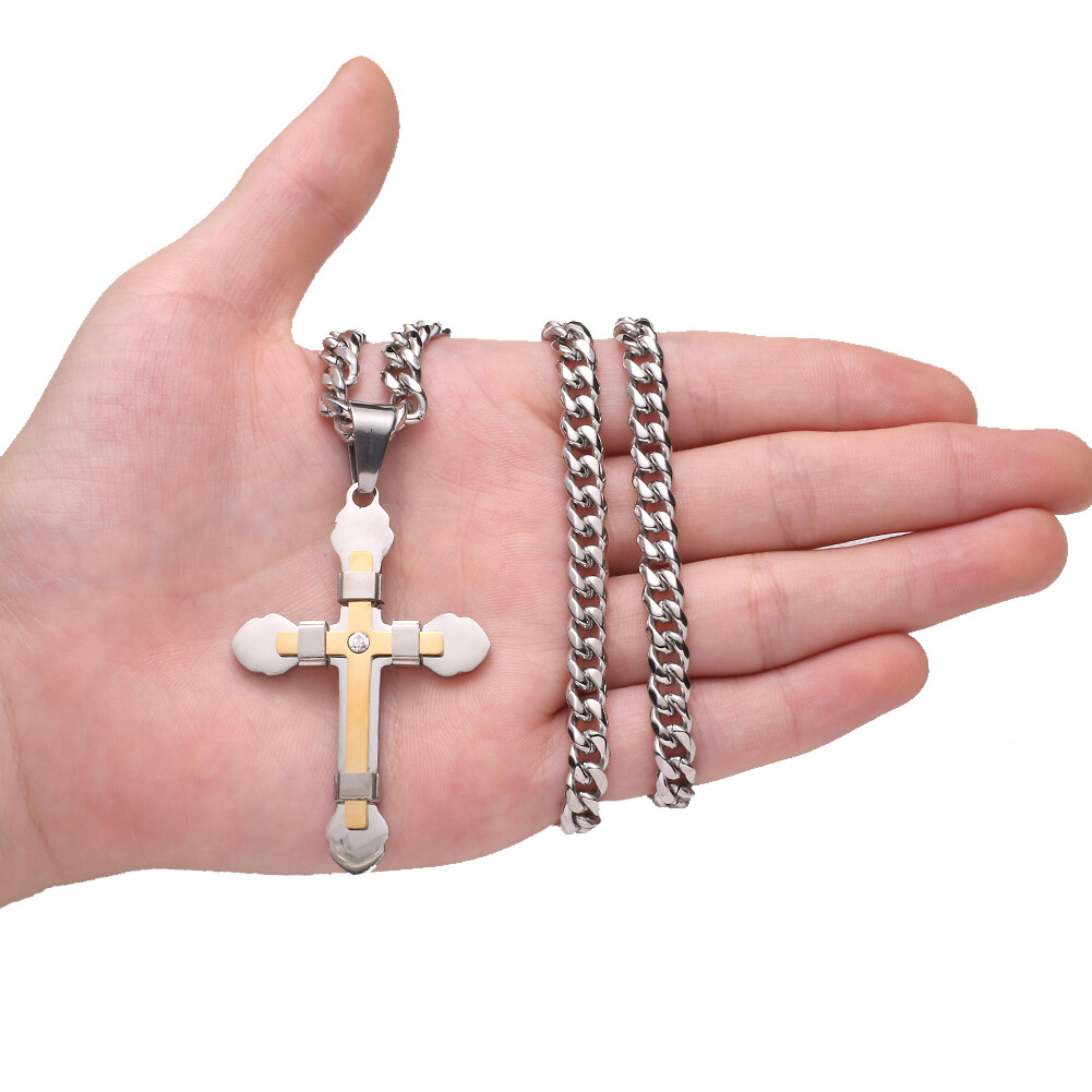 Men Women Stainless Steel Cross Pendant Necklace with CZ 18-34inch 5 Colors