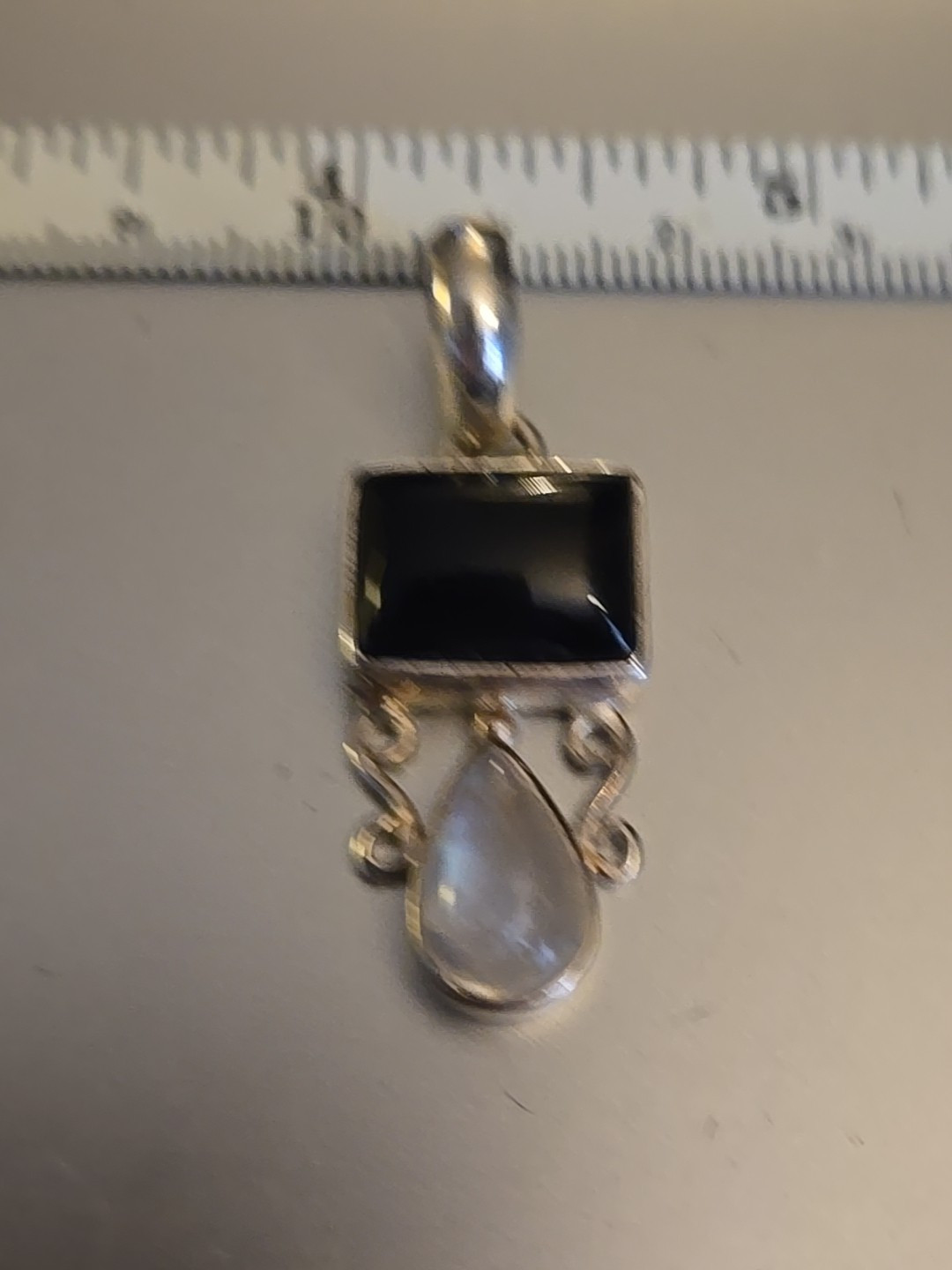 Moonstone and Black Onyx 925 Sterling Silver Pendant Signed Sj