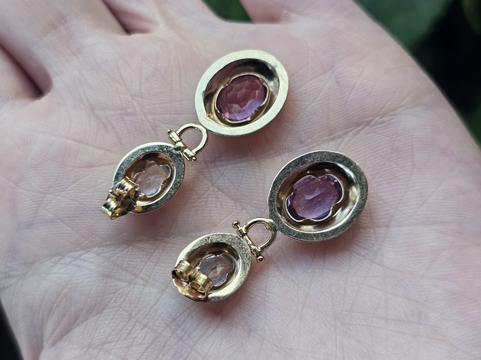 Vintage 14k Yellow Gold Purple Blue Gemstone Doorknocker Postback Earrings 3g