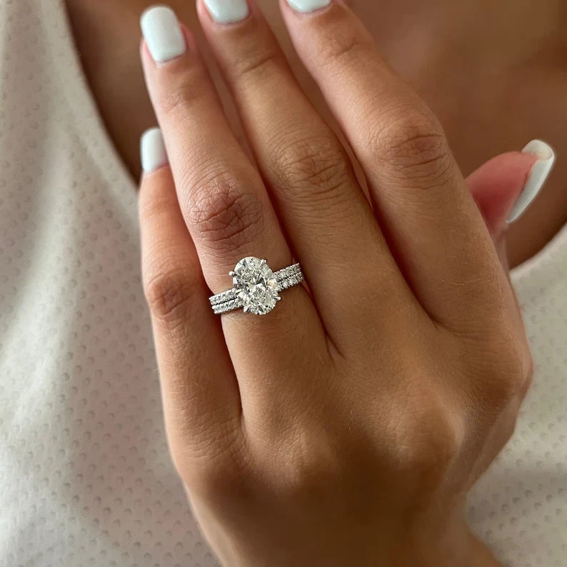 2.4 Carat Oval Set Diamond Ring Set Wedding Lab Grown IGI 14k White Gold VVS E F