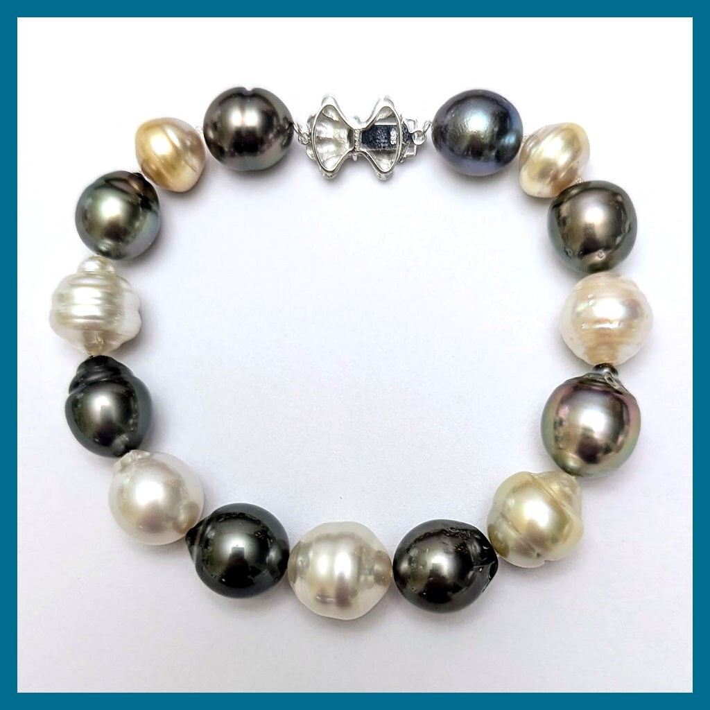 10.5MM – 12.7X13.7MM Multi Color Tahitian & South Sea Pearl Bracelet, 14K Clasp