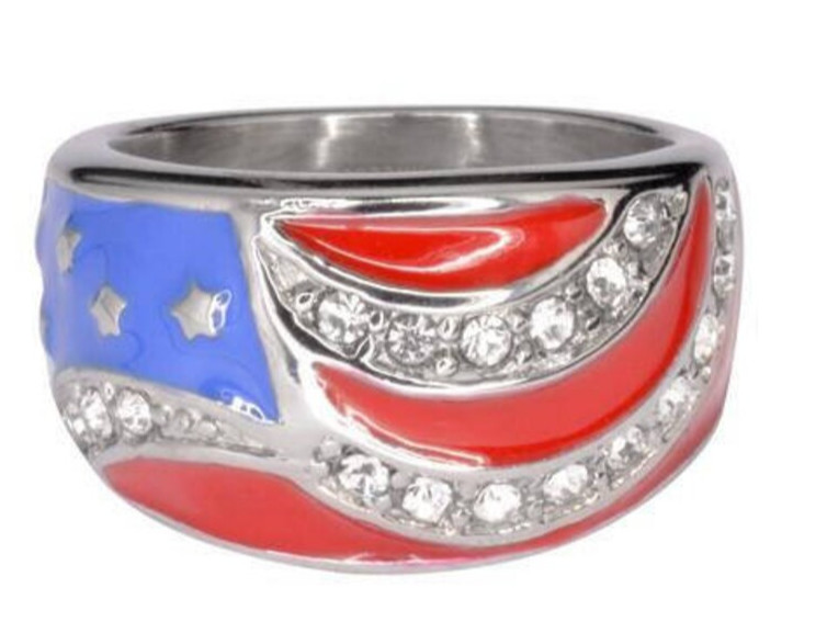 Women’s American USA Crystal Flag Ring Stainless Steel Patriotic Jewelry 4