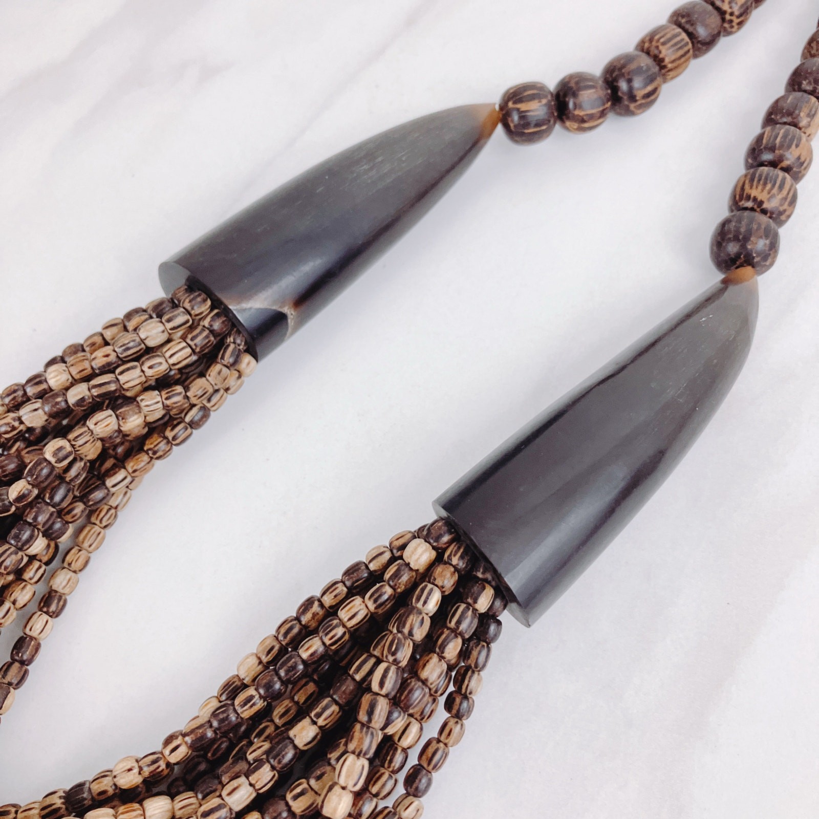 Tribal Wood Bead Bib Necklace & Earrings Set, Faux Horn, Boho