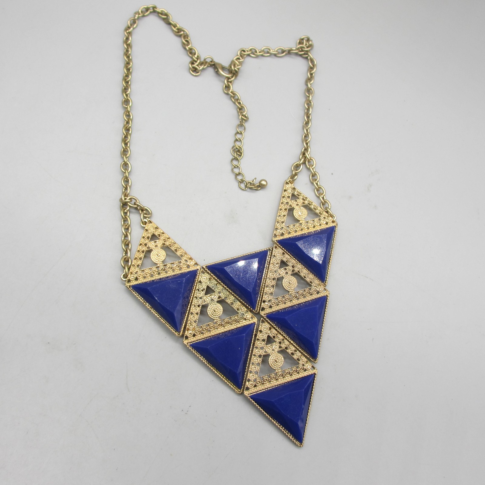 Statement Necklace Triangles Blue Gold Tone Filigree 22 Inch