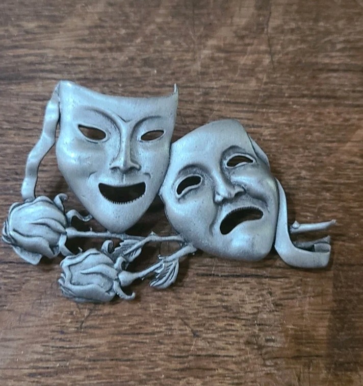 Vintage JJ Signed Theater Brooch Drama Comedy Tragedy Masks Roses Pewter Jonette