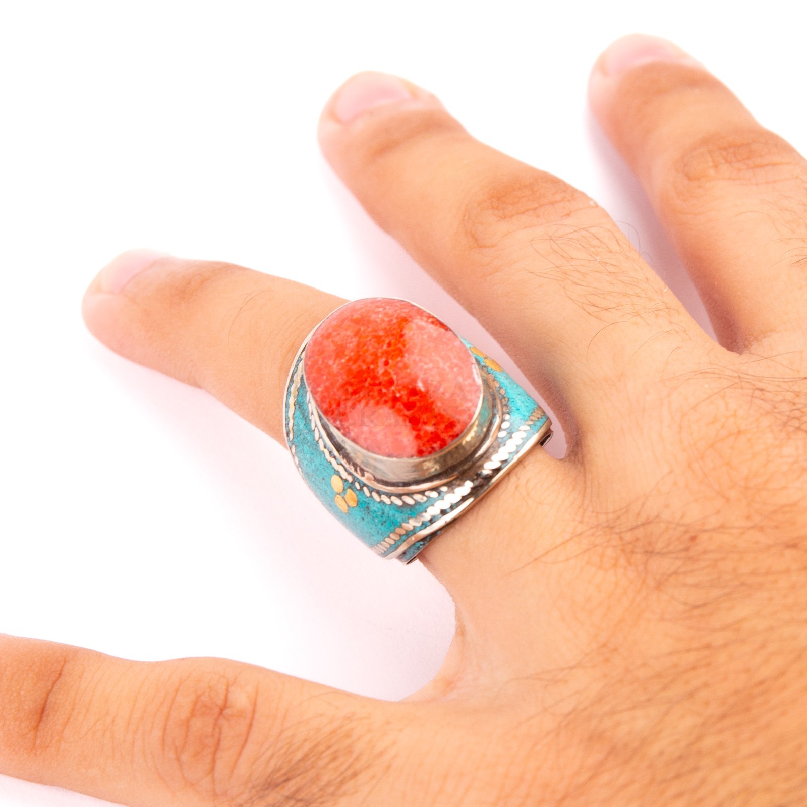 Tibetan Ring, Red Coral Stone Turquoise, Traditional Tibetan Bead Jewelry,