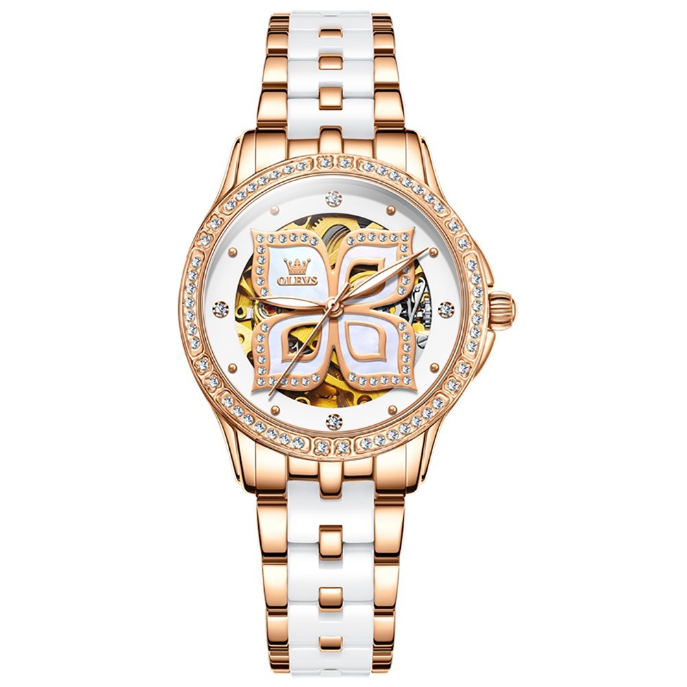 OLEVS 6612 Leather Ceramic Fashion Automatic Female Dress Mechanical Wristwatch