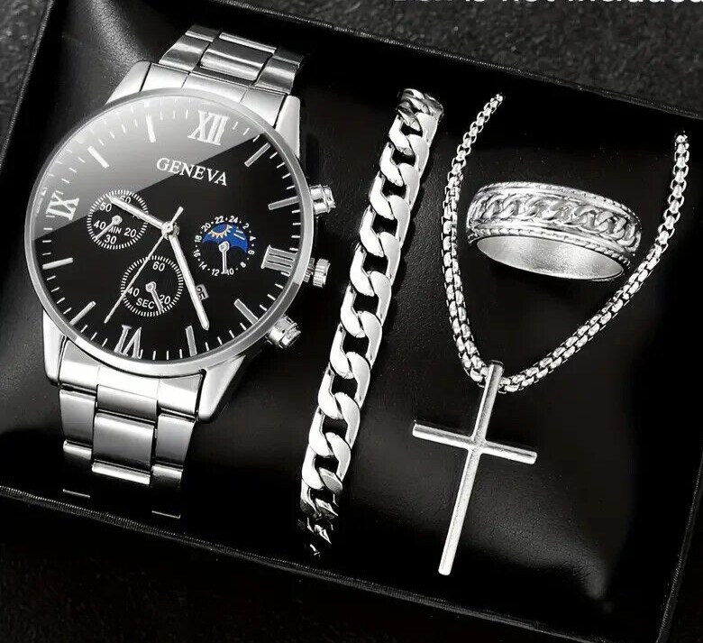 4Pc Fashion Silvery Quartz Watch Necklace Bracelet Ring Set Men Holiday Gift New
