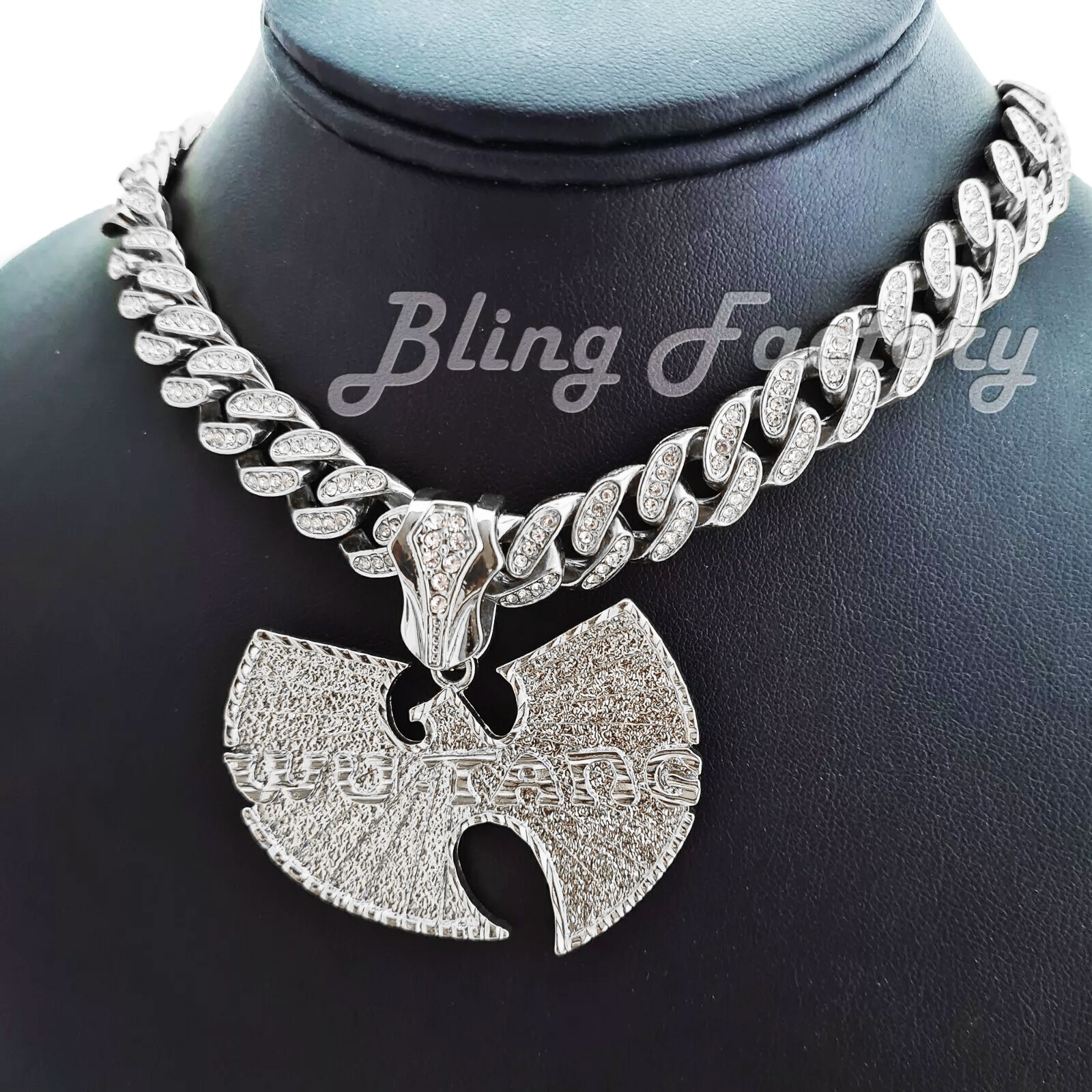 Wu Tang Pendant & 16″ 18″ 20″ 24″ Iced Cuban Chain Silver Tone Hip Hop Necklace